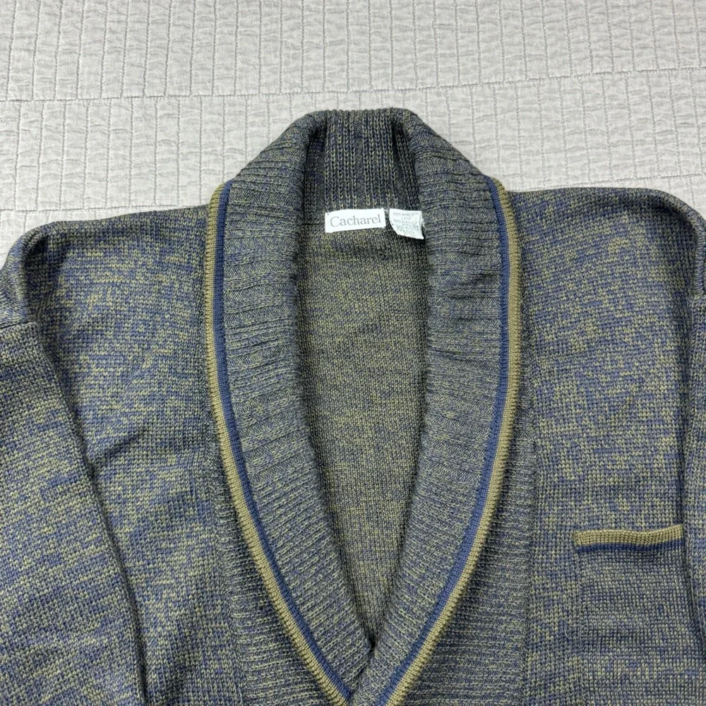 Vintage Cacharel Men Large Shawl Collar Cardigan Wool Blend Green Blue Heathered